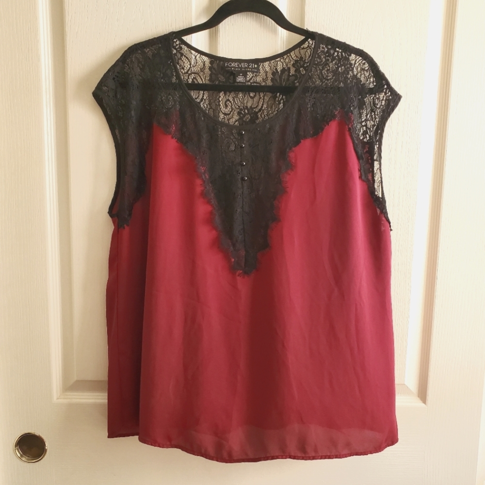 Forever 21 Plus Size 1X Black Lace and Burgundy Blouse